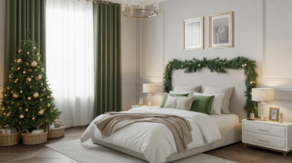 Emerald and white Christmas bedroom with classy and timeless decor