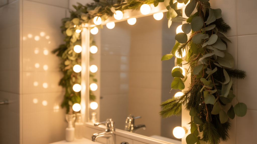 warm LED fairy lights around bathroom mirror creating a cozy Christmas glow