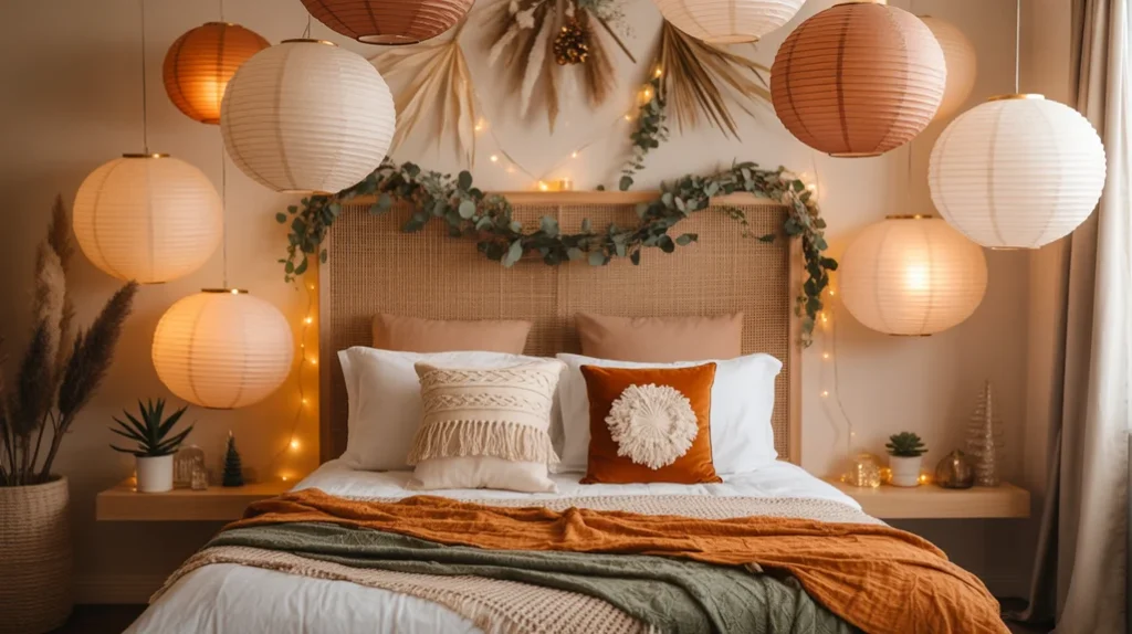 String lights and lanterns illuminating soft earthy boho Christmas bedroom with relaxed ambience