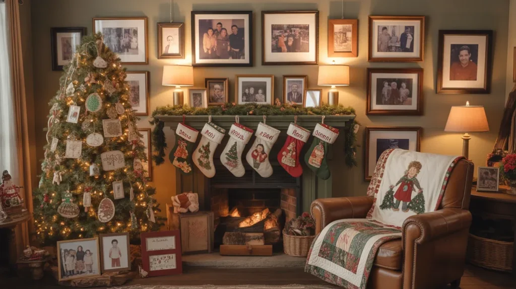 Family photos and personal touches making holiday living room decor feel heartfelt