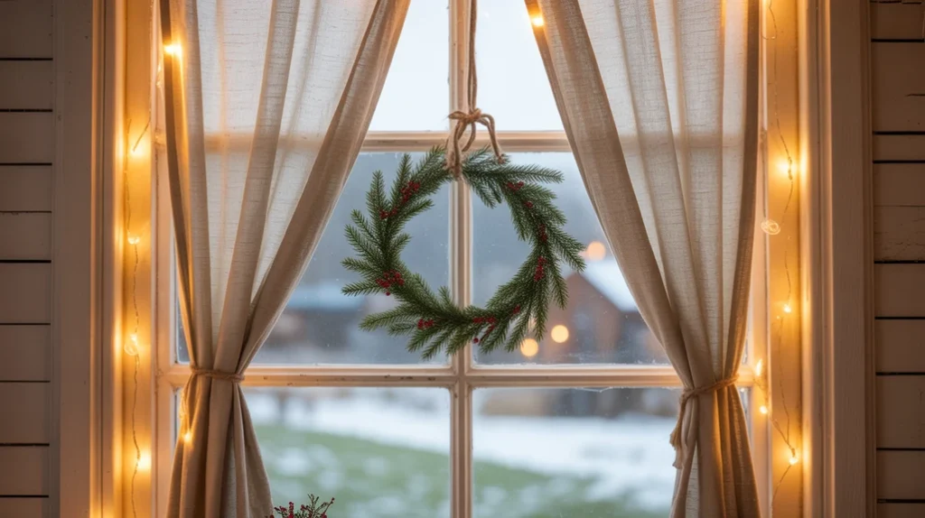 gingham curtains and small wreaths decorating a cozy farmhouse kitchen window