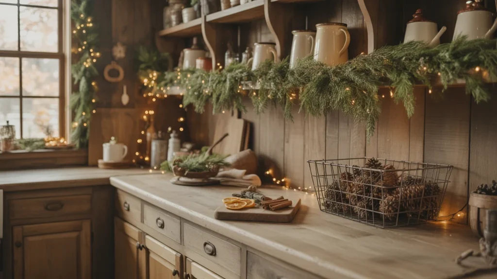 farmhouse christmas kitchen with wooden cabinets, enamel mugs, and rustic cozy charm