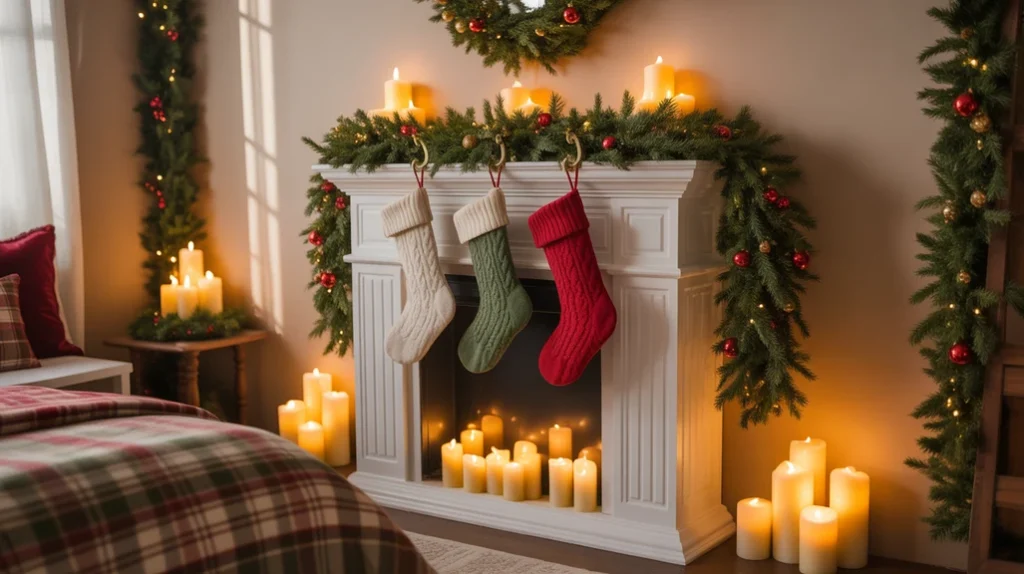 faux fireplace decorated with garland and stockings creating traditional christmas bedroom look