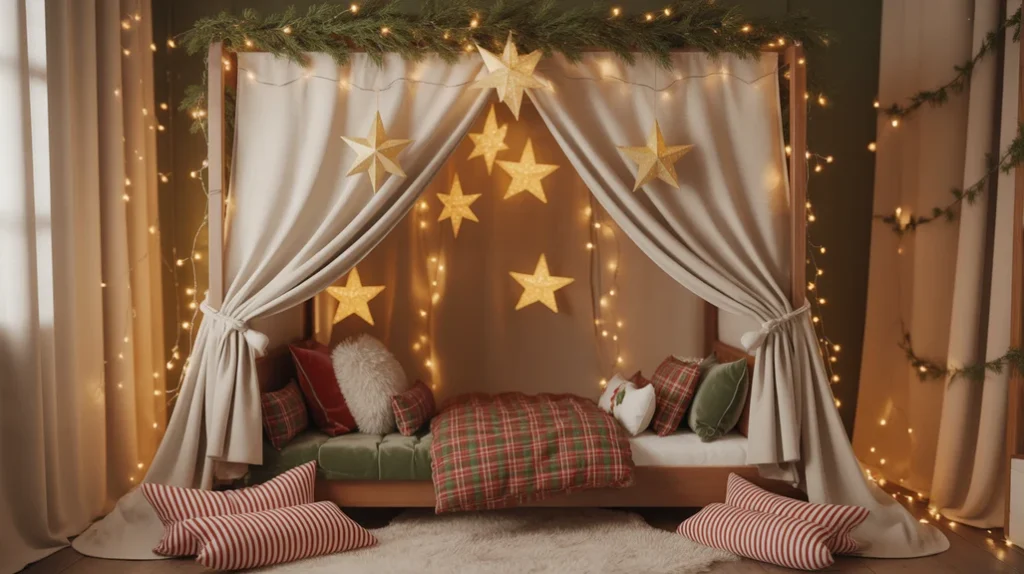 canopy bed decorated with stars and holiday lights in a kids Christmas bedroom