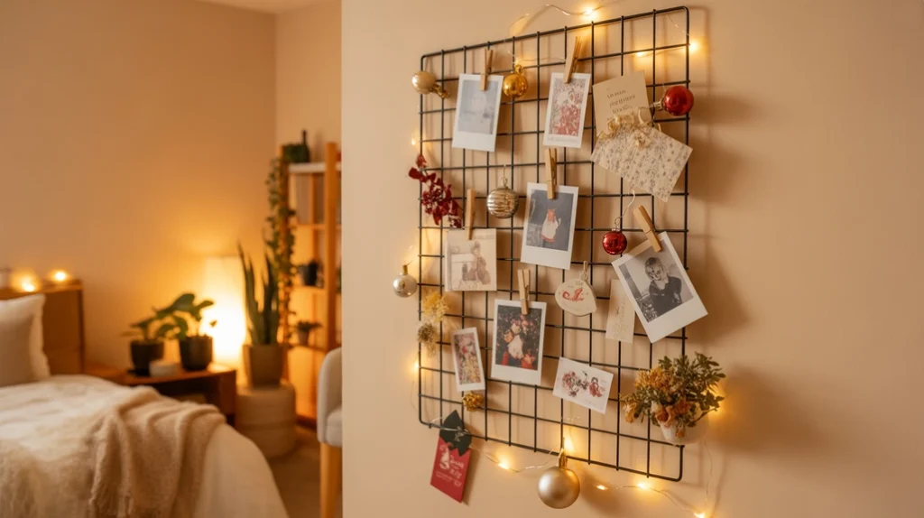 Creative wall grid with photos, fairy lights, and ornaments for personalized Christmas wall decor ideas.