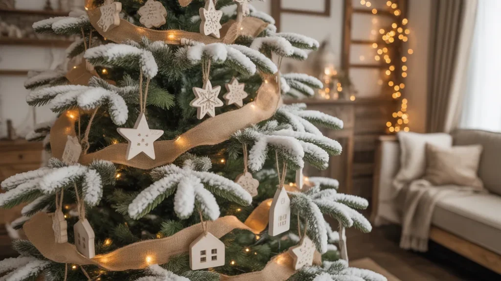 Snow-flocked farmhouse Christmas tree with burlap garland, pinecones, and wooden beads.