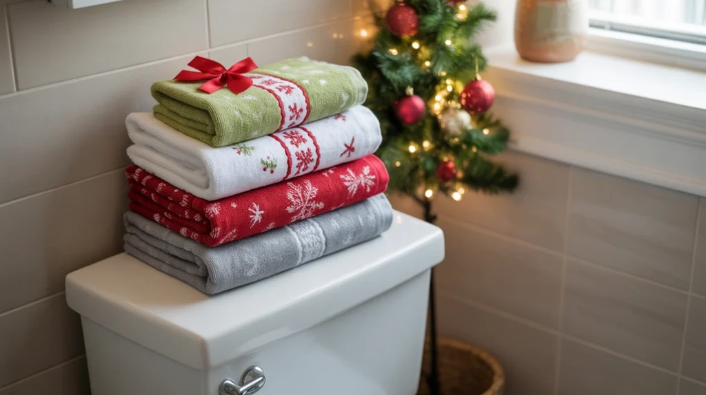 folded christmas towels stacked on toilet tank for cozy seasonal bathroom styling