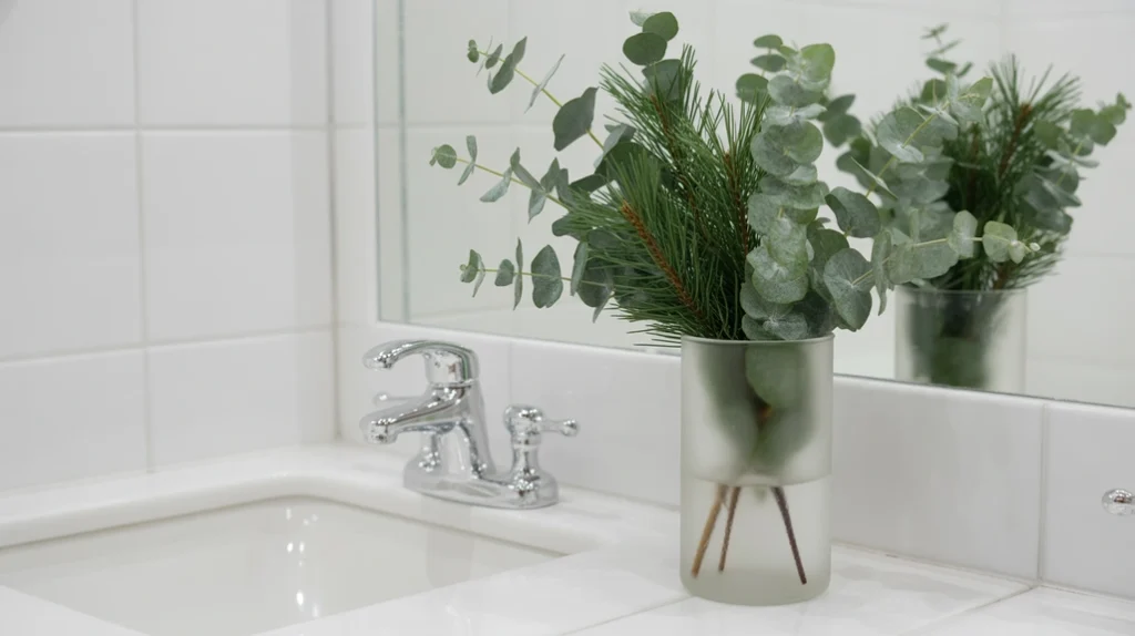 frosted glass vase with eucalyptus adding soft winter greenery to minimalist bathroom