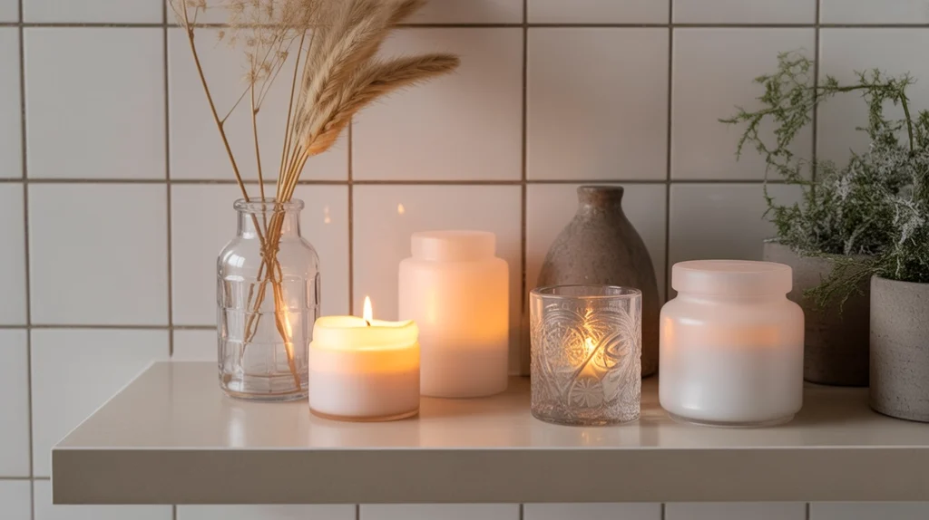 frosted glass candle holders and jars arranged on winter bathroom shelf