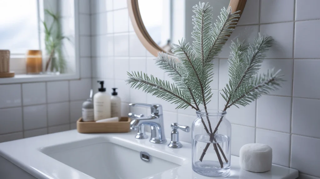 Frosted greenery and snowy branches creating a wintery Nordic Christmas bathroom look.