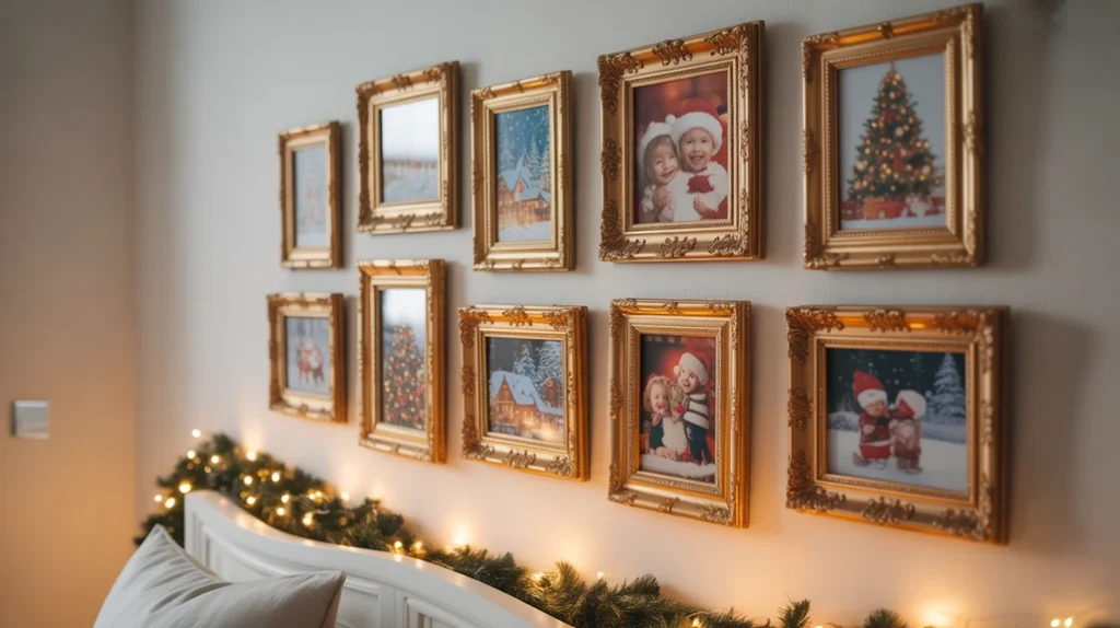 Gold picture frames with Christmas prints displayed on a white wall for seasonal home styling.