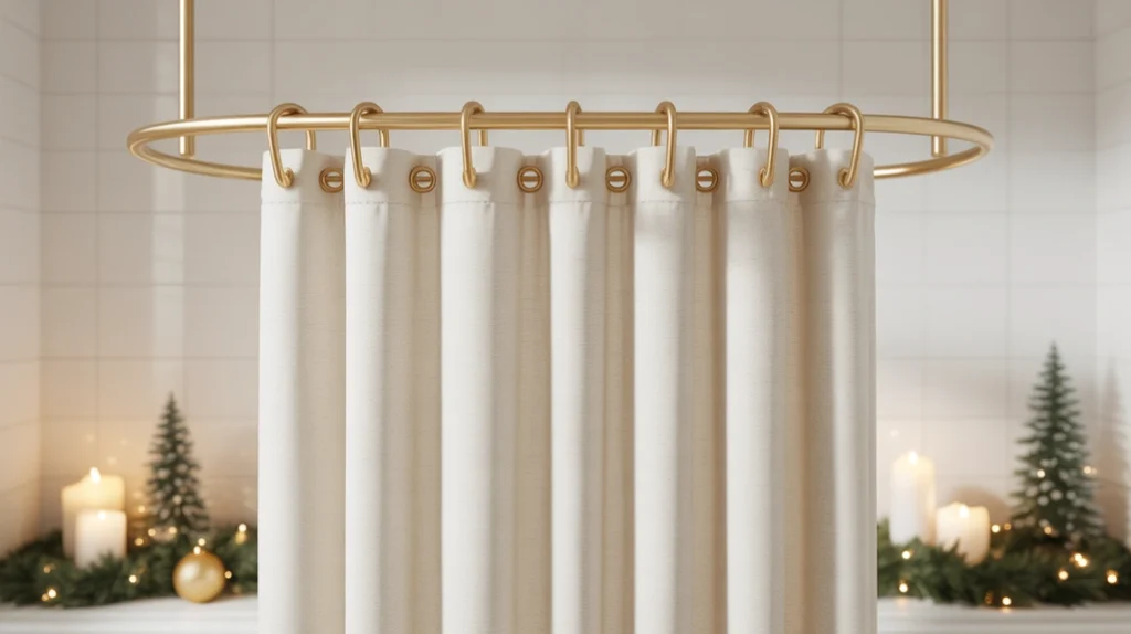 gold shower curtain hooks paired with neutral curtain and subtle christmas greenery