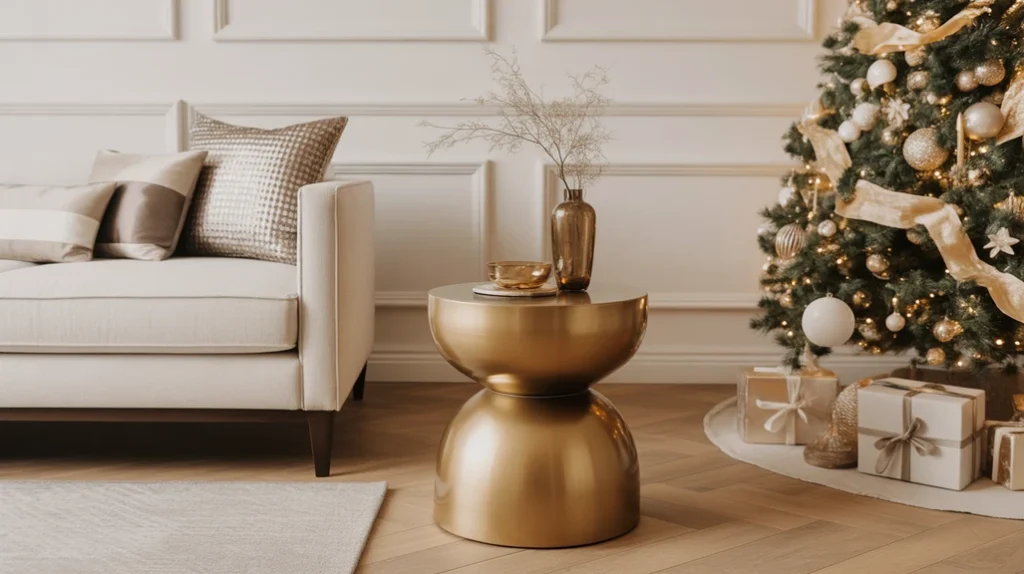 Gold side table and metallic home décor elements adding elegance to a modern Christmas living room
