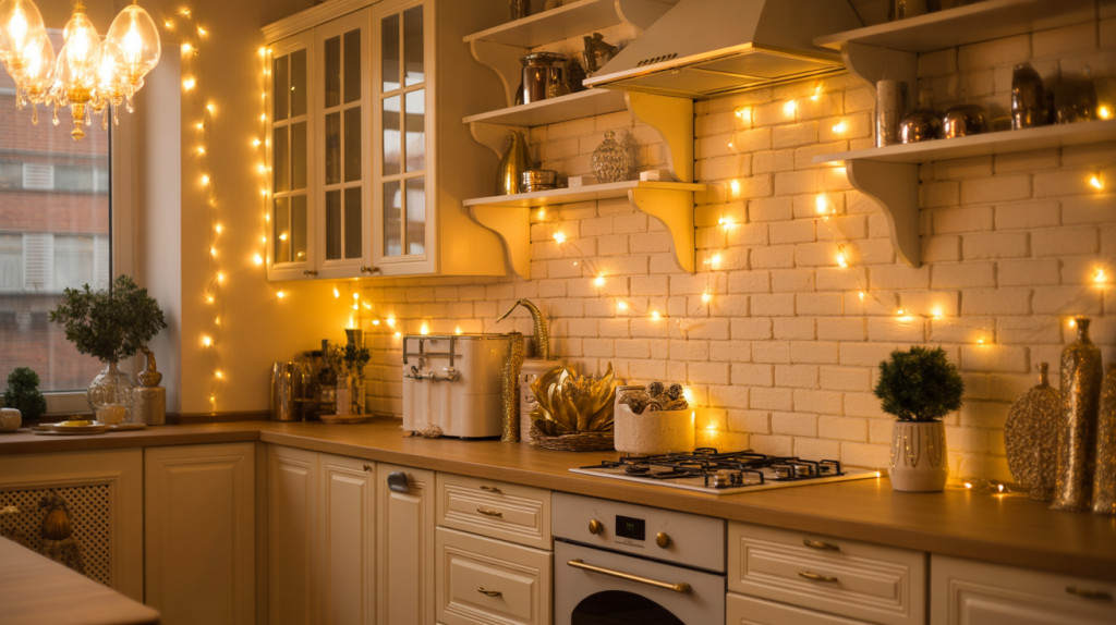 Warm gold string lights around cabinets and shelves providing a cozy glow in a white and gold Christmas kitchen.