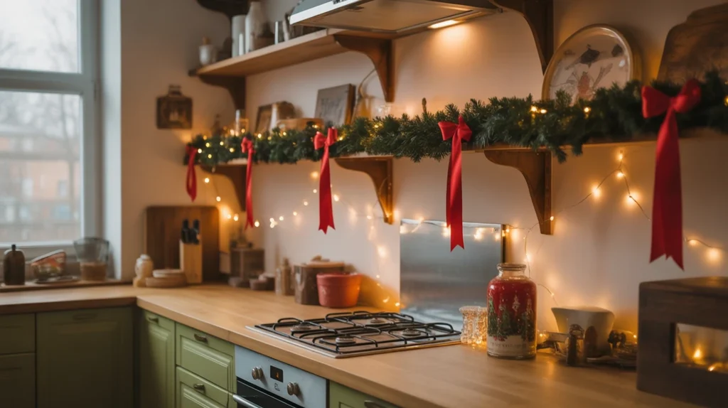 Pine garland wrapped around kitchen shelves with red ribbons and fairy lights for festive farmhouse style.