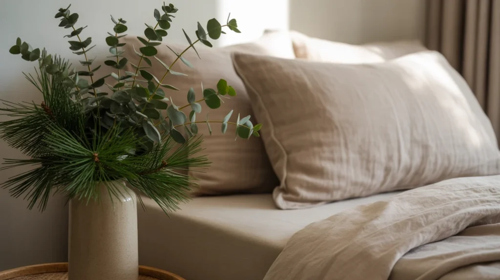 eucalyptus and pine greenery bringing natural freshness to a neutral Christmas bedroom