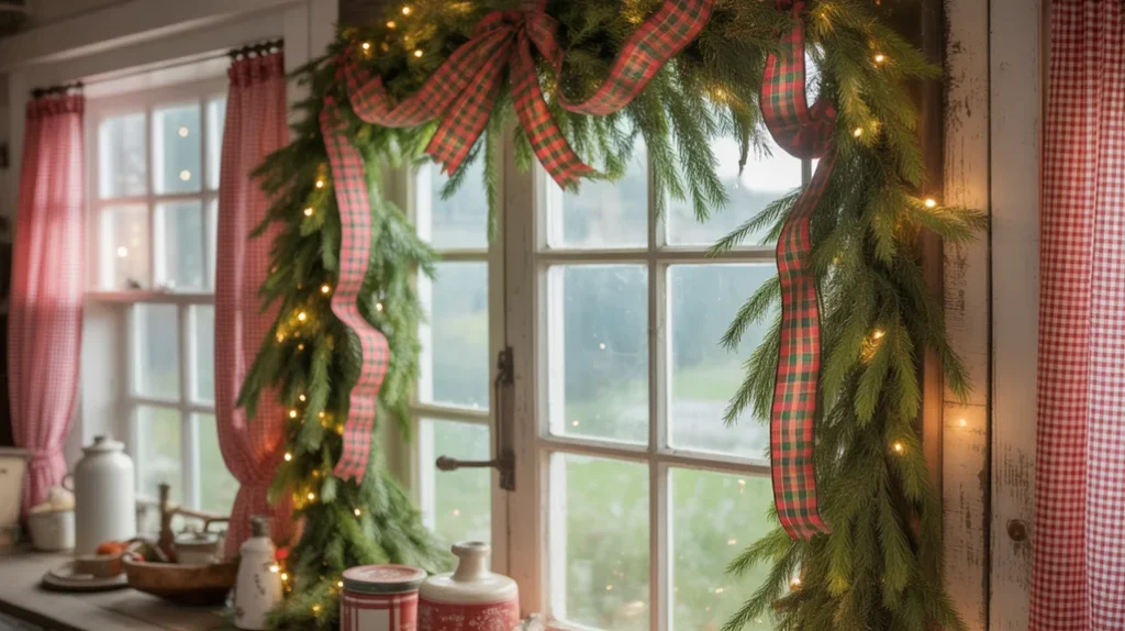 rustic kitchen window decorated with pine garlands, plaid ribbons, and warm christmas lights