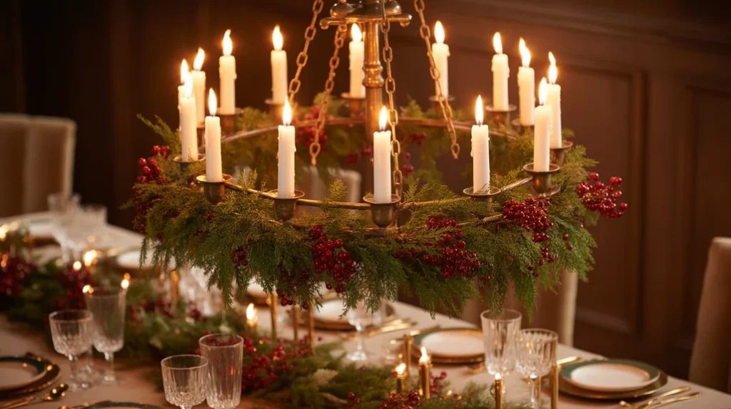 Candle chandelier above dining table with greenery and ribbons adding elegance to Christmas dinner setting.