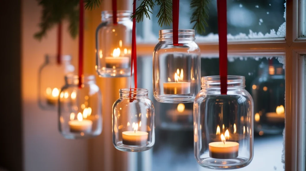 Glass candle holders hanging near window with tealights, soft glowing Christmas lighting setup.