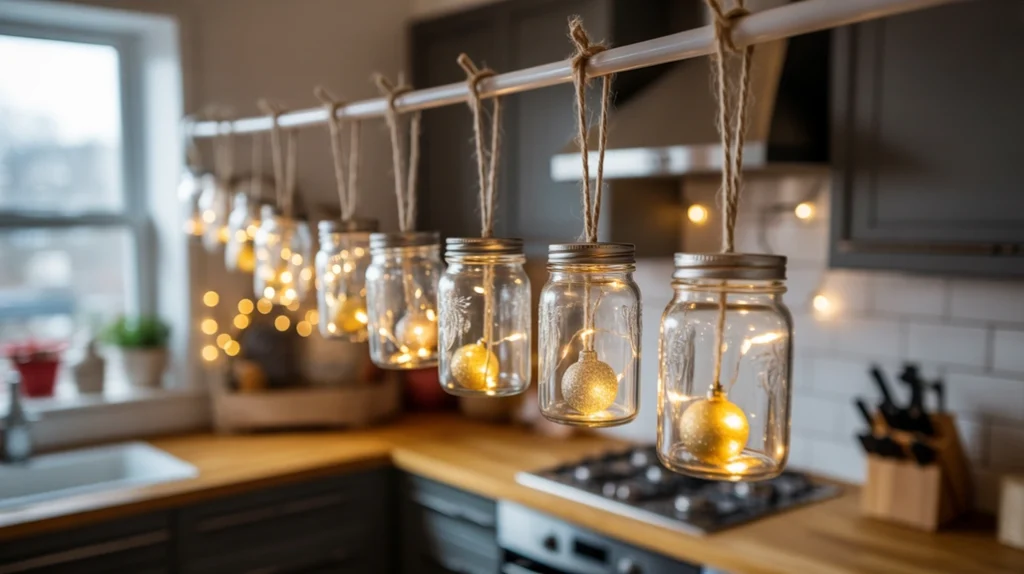 Glass jars filled with fairy lights hanging from a kitchen curtain rod, creative rustic Christmas window decoration.