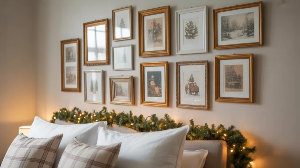 Holiday artwork and framed Christmas prints decorating guest room wall