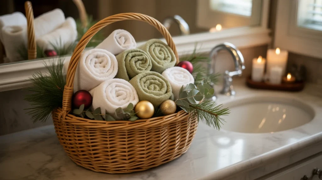 Small holiday basket filled with rolled towels, greenery, and ornaments for a cozy bathroom touch