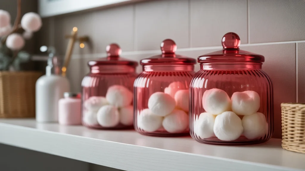 Frosted glass jars filled with cotton balls styled with gentle winter accents.