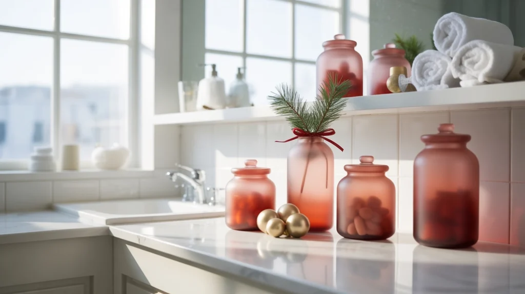 frosted holiday storage jars holding bathroom essentials in a seasonal style