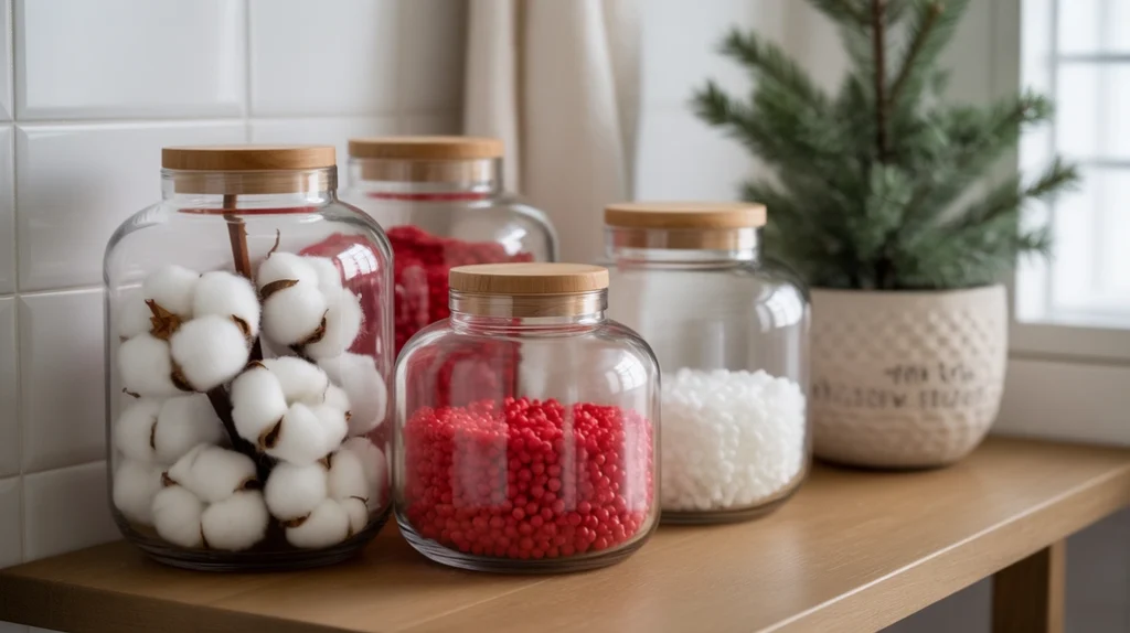 frosted storage jars with bathroom essentials styled with subtle christmas accents
