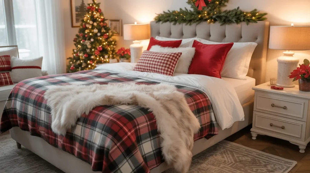 Bed styled with plaid blankets and red pillows for a cozy holiday-themed Christmas bedroom decor.