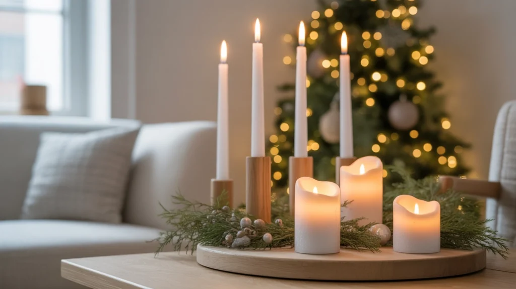 “Hygge candlelight arrangement creating a cozy Scandinavian Christmas entryway atmosphere”