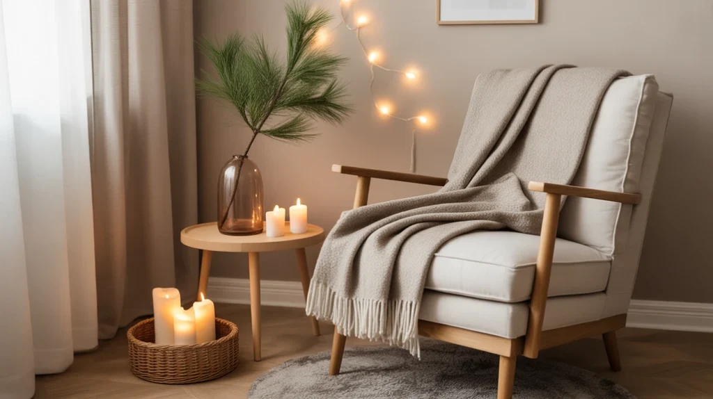 “Hygge-inspired cozy Christmas reading nook with soft lighting, candles, and Scandinavian minimalist decor.”