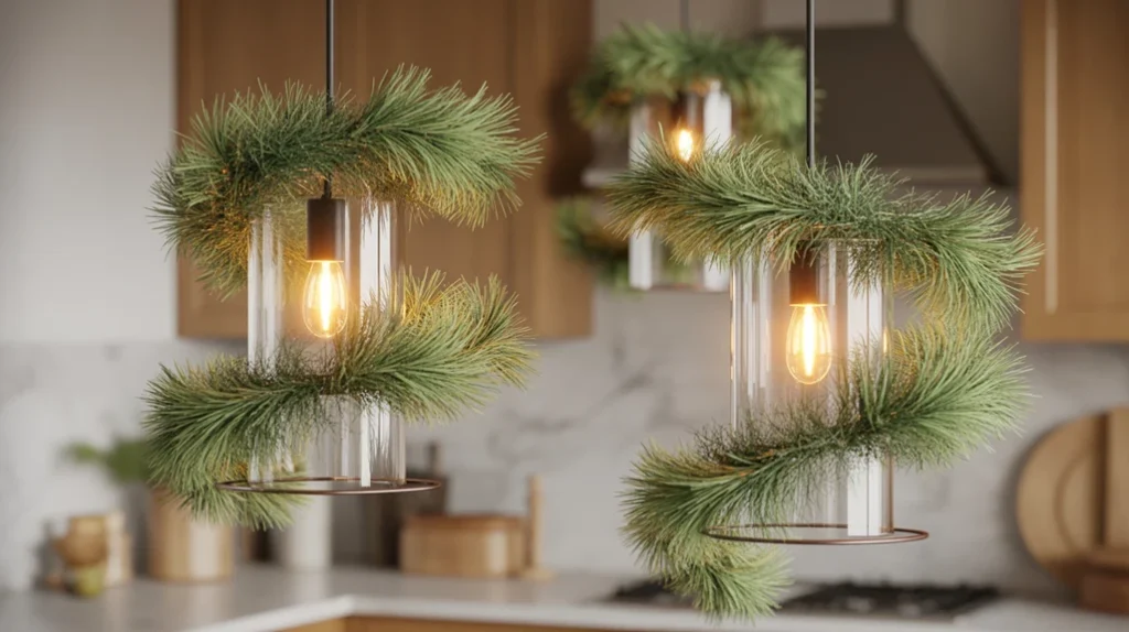 Kitchen pendant lights wrapped with faux greenery for a subtle Christmas accent
