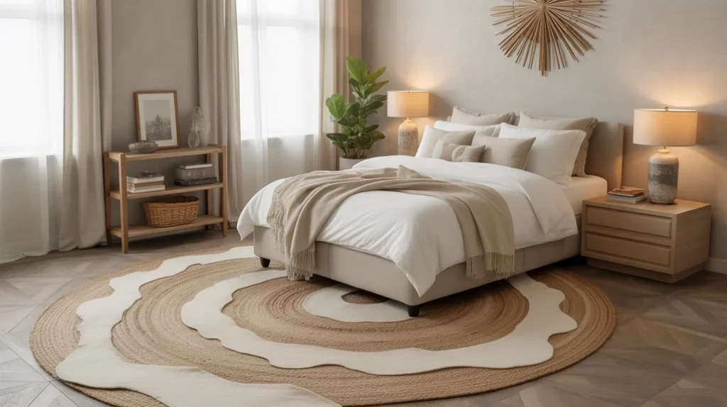 Layered jute and wool rugs in neutral tones enhancing cozy rustic modern Christmas bedroom style