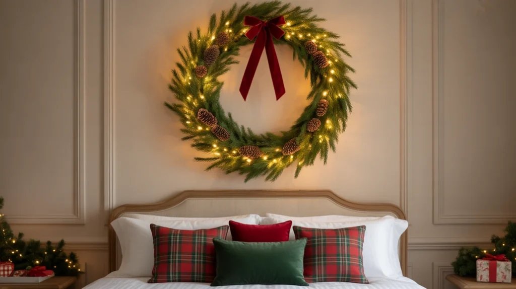 Lighted wreath above bed serving as glowing centerpiece for Christmas bedroom decor