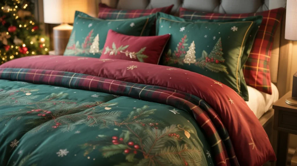 Christmas bedding matching tree theme in festive bedroom
