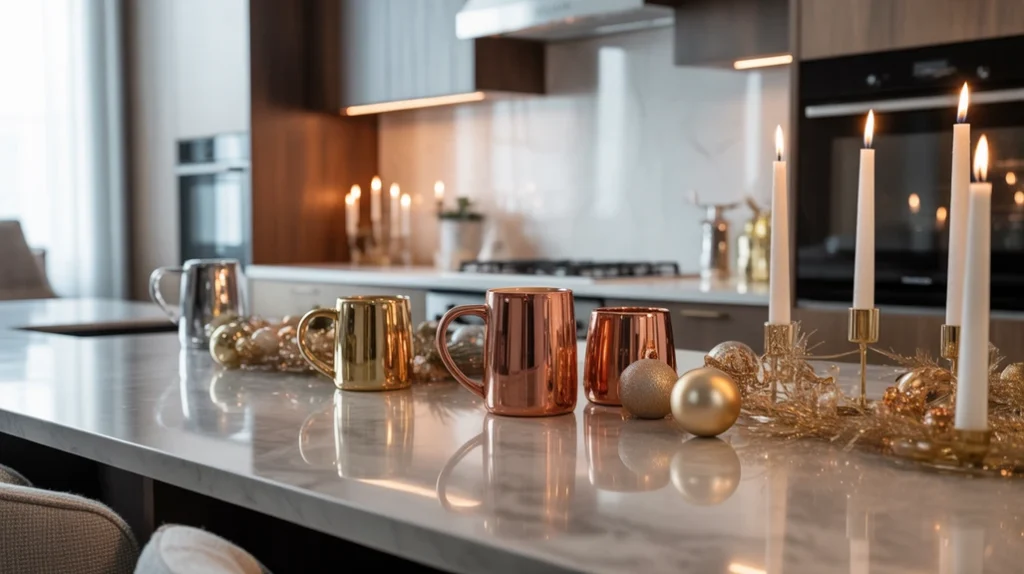 Kitchen counter with gold and copper candle holders and ornaments adding elegant metallic accents to modern Christmas decor