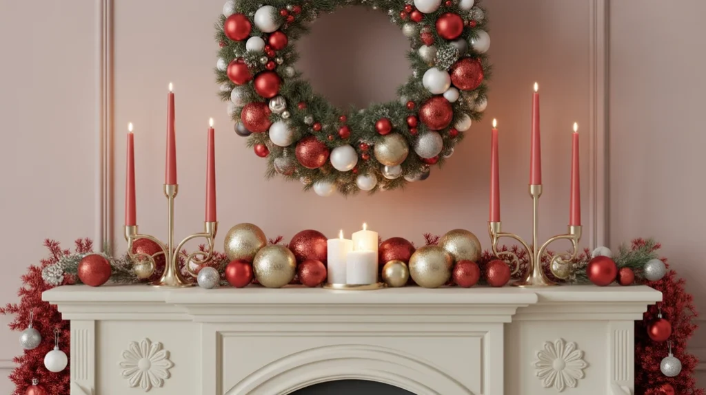 Red and white holiday decorations mixed with gold and silver metallic accents for a modern festive touch.
