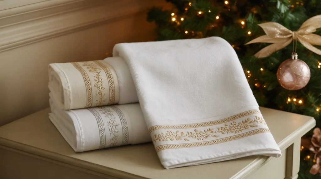 elegant christmas towels with gold and silver trim for a modern holiday bathroom