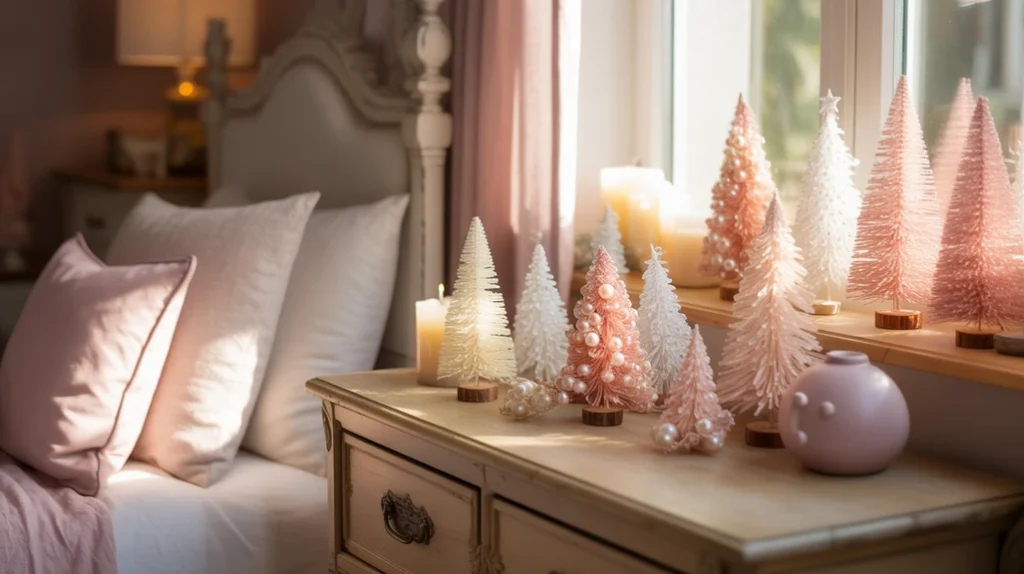 Miniature pink and white Christmas trees on window sill for girly holiday bedroom decor