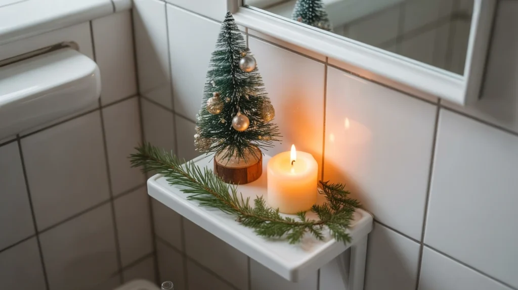 Mini floating shelf with compact Christmas décor styled for a tiny bathroom.