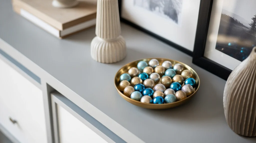 “tiny silver and red ornaments arranged in a small dish on a bathroom shelf”