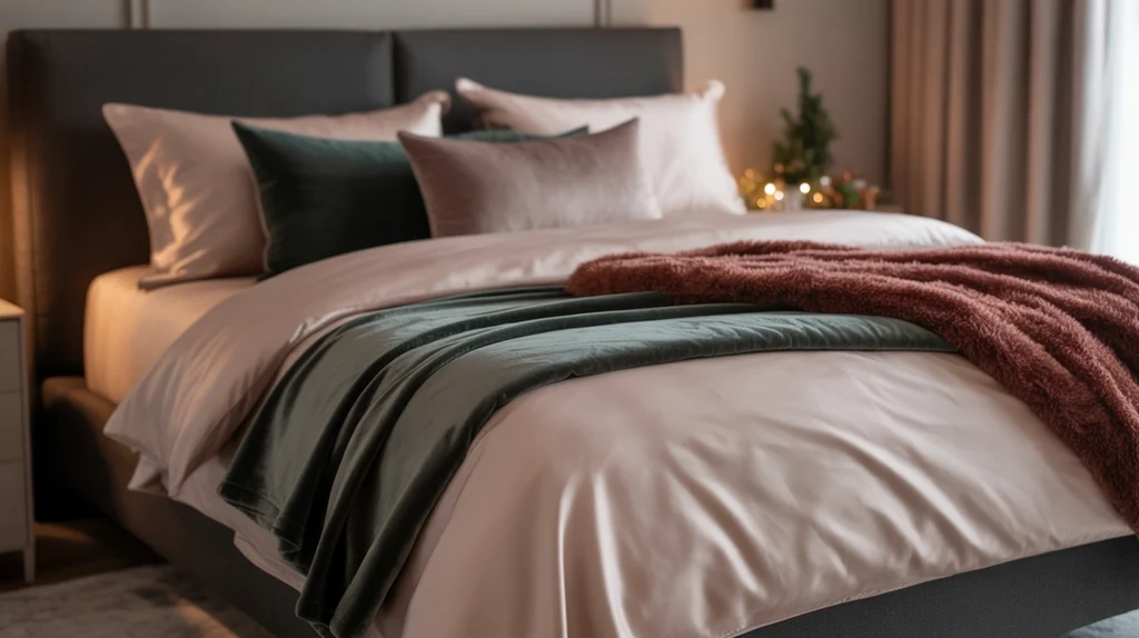 Satin and velvet bedding in champagne and gray tones for elegant modern Christmas aesthetic