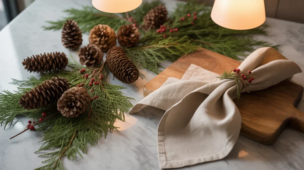 pinecones, cedar, and linen napkins styled for organic luxury in a sophisticated christmas kitchen