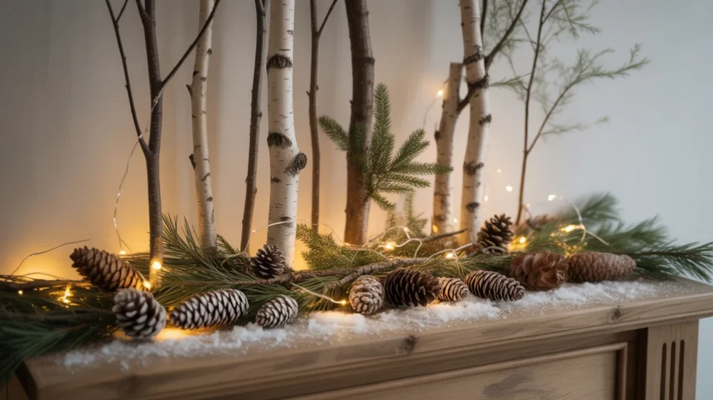 Cozy Christmas fireplace mantel with classic stockings and fairy lights