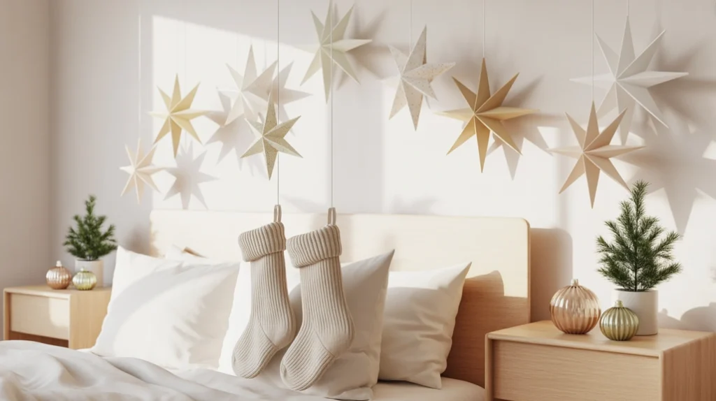 Beige stockings and paper stars adding minimal festive accents in Scandinavian Christmas decor