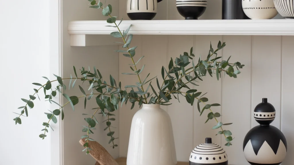 Neutral greenery with black and white ornaments in vase for Scandinavian Christmas kitchen decor