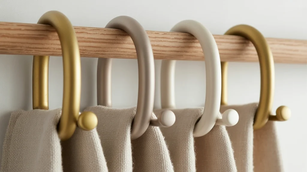 matte brass and beige shower curtain hooks paired with a linen curtain for christmas