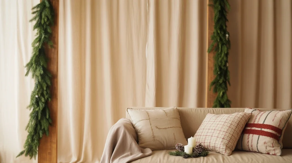 Neutral walls with simple garlands and soft textures for minimal festive small room