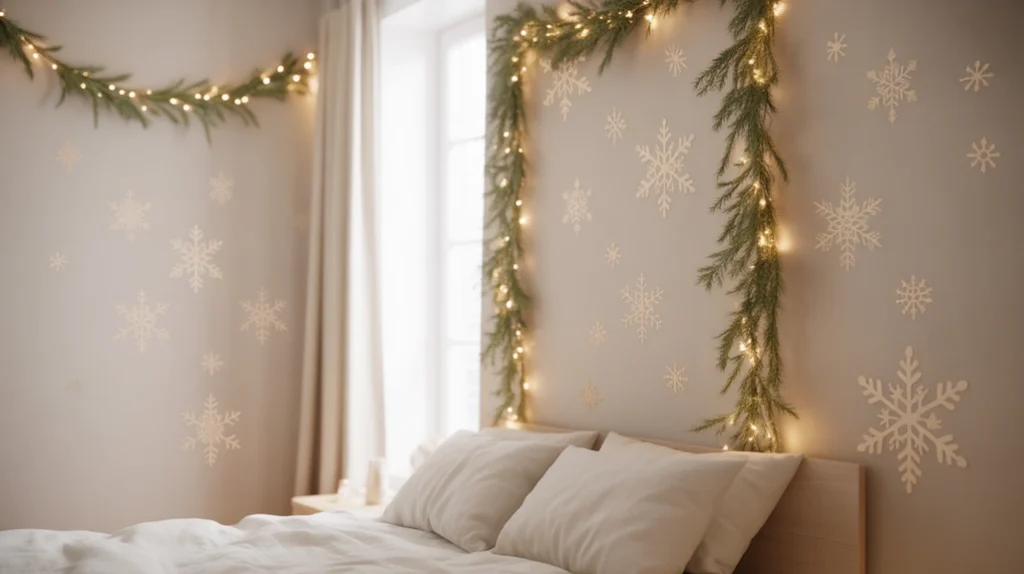 Neutral wall tones with festive decals for spacious Christmas bedroom look